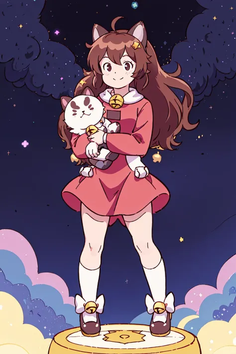Bee and Puppycat Style, 1girl, solo, smile, brown hair, holding, animal ears, closed mouth, standing, full body, black eyes, bell, cat, star (sky), carrying, neck bell, starry sky, animal costume, space, cat costume, <lora:Bee_n_Puppycat:0.8>