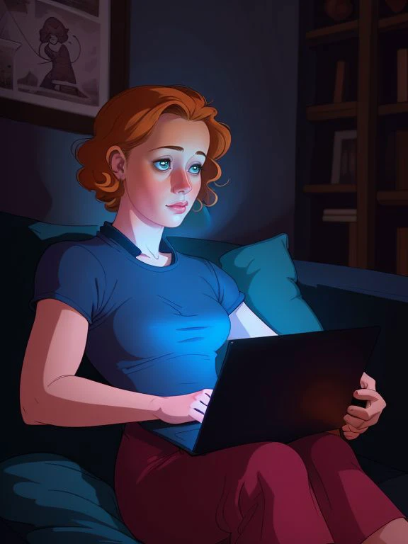 Esm Bianco , sitting on sofa, dark room, lit by screen, laptop computer,
 <lora:StareWare:0.7> StareWare, looking at screen, 
(othalama style cartoon art),