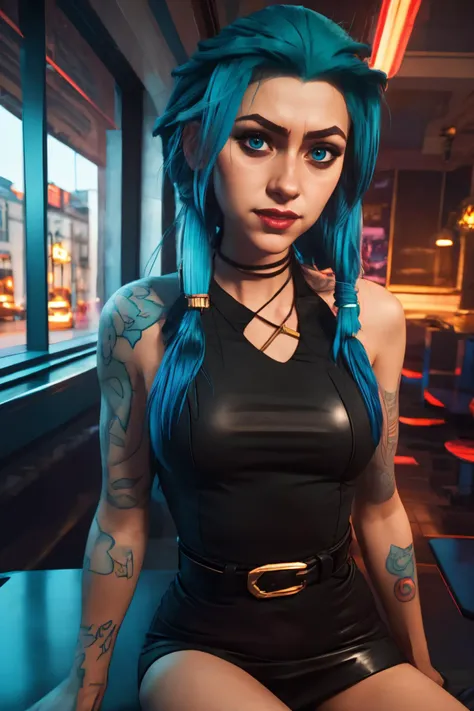 sexy, (detailed eyes), (detailed face), beautiful lady, (pov sitting across table:1.1), looking at viewer, sexy verdant dress, skin tight red, dress, blush, (naughty) (naughty smile:0.9), (smiling:0.9)
(mystical tattoo:0.9), (neck tattoo), ((narrow waist)), skinny, thin, (fit body:1.1), (perfect proportions:0.8), (perfect anatomy:0.8), red lipstick, (blue eyes:0.8),
(cowboy shot:1.1),
(shiny skin),
BREAK,
20 yo woman <lora:Arcane_jinx-v4:1> j1nx101, 1girl, small boobs, small breasts, flat chested, (blue crop top:0.8), blue hair,
BREAK,
good hands, detailed hands, anatomical hands,
(beautiful composition:1.1), masterpiece, fantasy, sexy, petite, soft glow, polished, clean image, <lora:epi_noiseoffset2:1> gorgeous, stunning, triadic colors, high contrast, Vivid color, dark,
<lora:CONCEPT_pov_dating_ownwaifu:1> (concept_pov_dating_ownwaifu:1.1), www.ownwaifu.com, 1girl, solo, looking at viewer, breasts, sitting at table <lora:more_details:0.2>, perfect teeth, overlooking beautiful tropical island beach view, (volumetric lighting), (dynamic lighiting), godrays, Rembrandt lighting, real shadows, intricate detail, photorealistic, photograph, photo, dlsr, Fuji Film, extremely high detail, detailed skin texture, (blush:0.2), (goosebumps:0.3), subsurface scattering