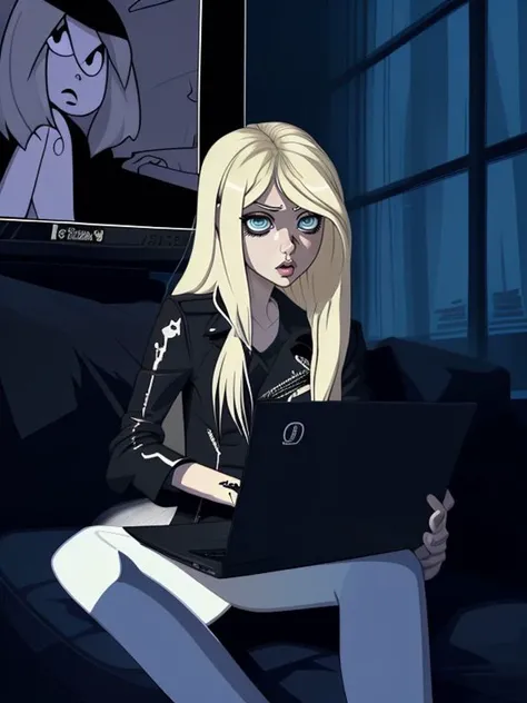 Taylor Momsen , sitting on sofa, dark room, lit by screen, laptop computer,
<lora:StareWare:0.7> StareWare, looking at screen,
(uodenim style cartoon art),