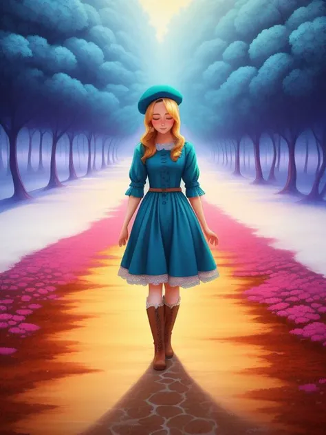 Kim Richards, prairie-style dress with a cinched waist and lace detailing, paired with knee-high boots or ankle boots and a wool beret , A very trendy and frequented place with footprints everywhere and wear on the floor
( Cyril Rolando cartoon art),