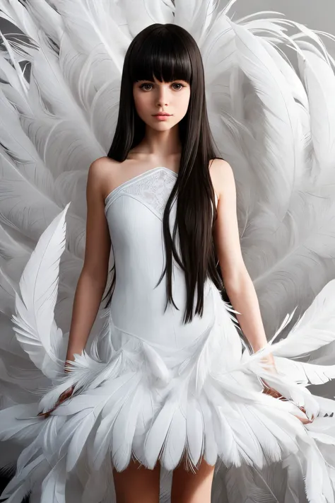 a girl with long dark hair and bangs, wearing a dress made of white feathers