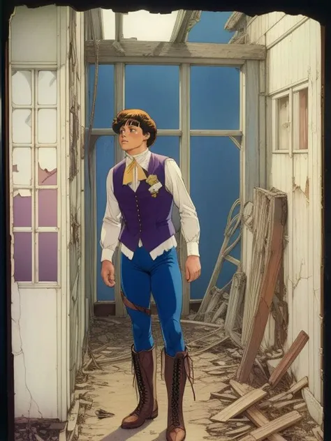Alex Morgan, cotton shirt, waistcoat, and lace-up boots , An old place full of cracks, misplaced things and broken pieces
( M.W. Kaluta cartoon art),