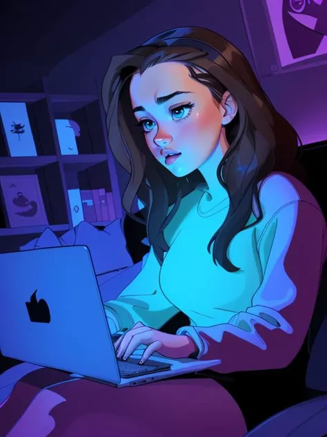 Katherine Langford , sitting on sofa, dark room, lit by screen, laptop computer,
 <lora:StareWare:0.7> StareWare, looking at screen, 
(sassy style cartoon art),