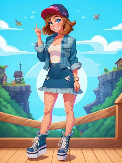 Sarah Hyland, fishnet dress, oversized denim jacket, and platform sneakers , A land with many riches and treasures
( owler style cartoon art),