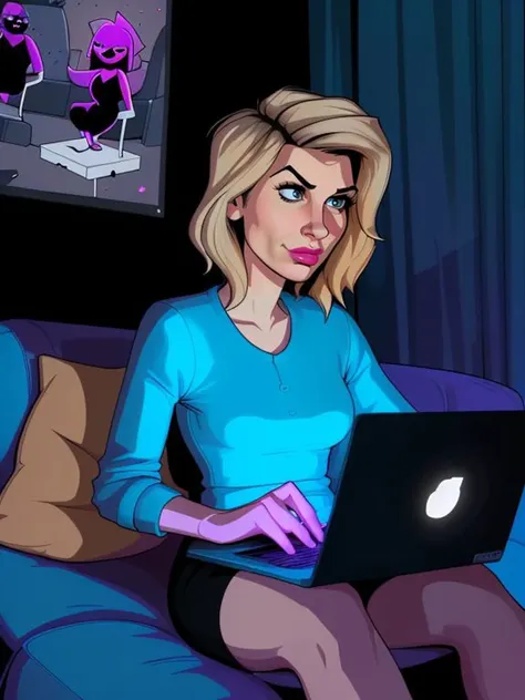 Jodie Whittaker , sitting on sofa, dark room, lit by screen, laptop computer,
<lora:StareWare:0.7> StareWare, looking at screen,
(cherrmous style cartoon art),