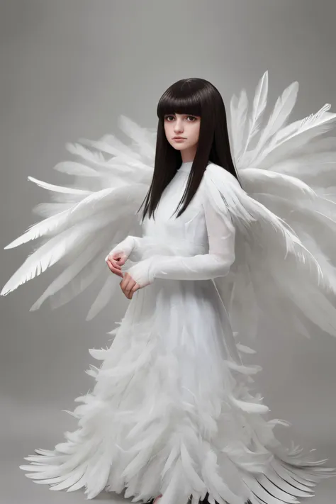a girl with long dark hair and bangs, wearing a dress made of white feathers