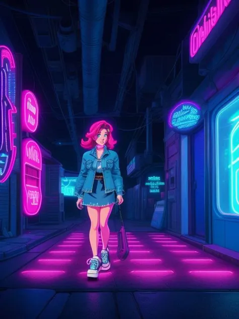 Melissa Gilbert,  fishnet dress, oversized denim jacket, and platform sneakers , A futuristic place full of cables with lots of neon lights and led lighting
( othalama style  cartoon comic art),