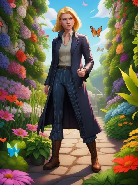 Claire Danes,  long coat, pinstripe pants, and leather boots , A place full of gardens suspended by ropes and chains and butterflies with little details in everything
( theCHAMBA  cartoon art),