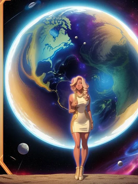 Lucy Zara, midi dress, gold chain necklace, and espadrilles , A space environment with intergalactic and cosmic details
( Laurie Greasley cartoon art),