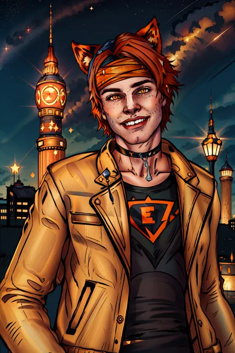 cat ears, 1boy, male focus, solo, smile, orange eyes, freckles, auburn hair, thick eyebrows, looking at viewer, choker, headband, grin, jacket, night, stars, specular highlights, city backdrop, depth of field,dynamic angle, dynamic pose, pov, <lora:DuskfallArtV3:0.75>