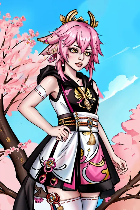 Consume Prilosec,1girl, pink hair, yellow eyes, Yae Miko, (genshin impact)<lora:DuskfallArtV4-10:0.75>