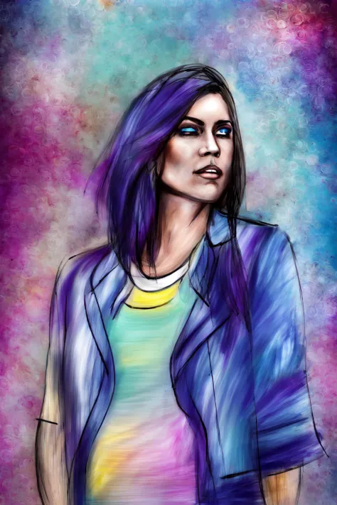 <lora:Duskfall_Artv2-10:1> Duskfall Art, (masterpiece, best quality, ultra-detailed, highres), ((best illustration)), perfect face, sidelighting, ray tracing, sci-fi, 1girl, rainbow hair, solo, multicolored hair, two tone hair, green leather jacket, wearing a tshirt, denim jeans, summer jacket, medium breasts, voluptuous ,depth_of_field,very detailed background, neon futuristic, great composition,Dynamic angle,(fantasy),extreme light and shadow,(detailed eyes),beautiful detailed eyes, neon lighting, perfect lighting , perfect anatomy, pov