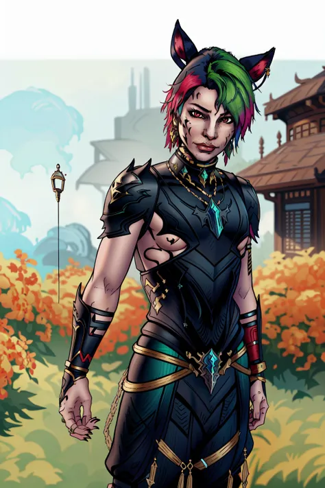solo, looking at viewer, short hair, red eyes, 1boy, animal ears, jewelry, standing, male focus, multicolored hair, cowboy shot, earrings, green hair, cat ears, armor, hair over one eye, blurry, two-tone hair, blurry background, facial mark, shoulder armor, gauntlets, pauldrons, breastplate, vambraces, miqo'te, cat boy, neck tattoo, avatar (ff14),<lora:DuskfallArtV3:0.75>
