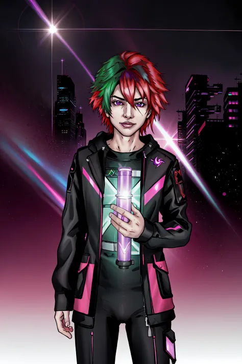 Consume Prilosec,(masterpiece, best illustration, extreme light and shadow), 1boy, solo, transgender male, flat chest, red hair, green hair, style of Genshin impact, hoyoverse, purple eyes, two tone hair, depth of field, standing in a spaceship, (cyberpunk:1.2), (lens flare, light leak, prismastic), close up, (sci-fi:1.5), shiny skin, cg, (sidelighting), (volumetric lighting),<lora:DuskfallArtV4-10:0.75>