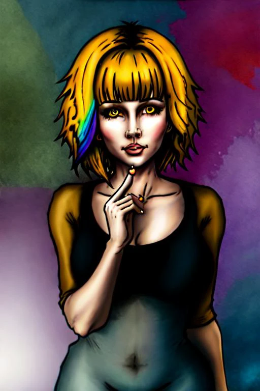 (masterpiece, best quality:1.2),1girl, solo, <lora:DuskfallArt:.7>, short hair, yellow eyes, rainbow hair, bangs, parted lips, best ratio four finger and one thumb, looking_at_viewer, cowboy_shot,