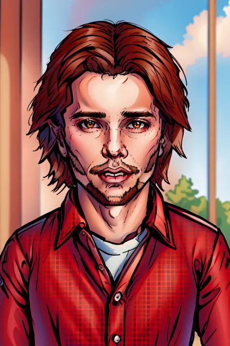 solo, brown hair, shirt, 1boy, brown eyes, upper body, male focus, plaid, facial hair, parody, animification, plaid shirt, portrait,<lora:DuskfallArtV3:0.75>
