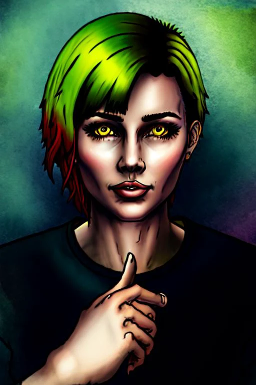 (masterpiece, best quality:1.2),1girl, solo, <lora:DuskfallArt:.7>, short hair, yellow eyes, rainbow hair, bangs, parted lips, best ratio four finger and one thumb, looking_at_viewer, cowboy_shot,