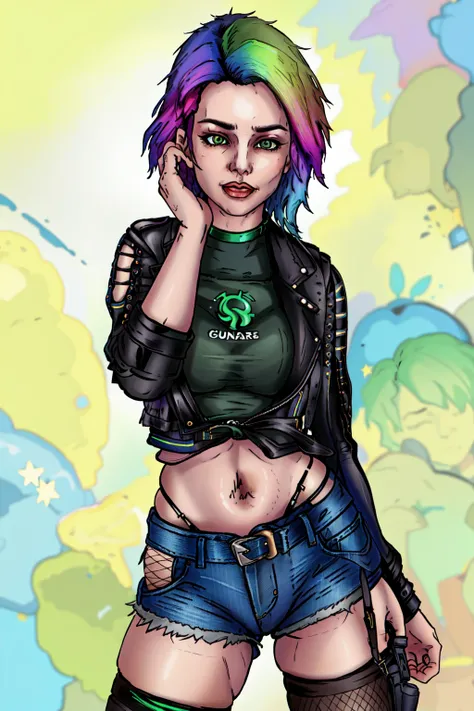 1girl, green eyes, two tone hair, blue hair, multicolored hair, green hair, blonde hair, gradient hair, black shirt, crop top, underboob, leather jacket, fishnet stockings, denim, shorts, night, stars, specular highlights, city backdrop, depth of field,dynamic angle, dynamic pose, pov, <lora:DuskfallArtV3:0.75>