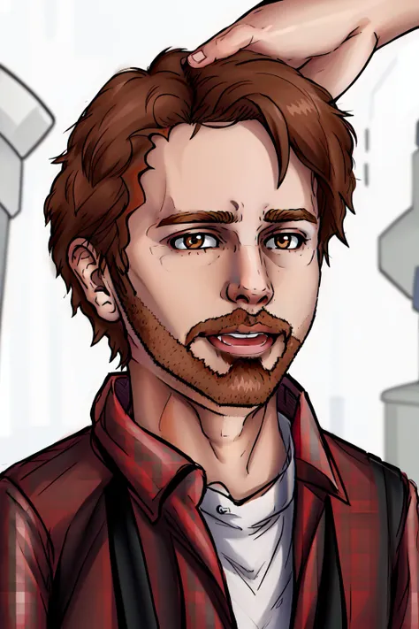 solo, brown hair, shirt, 1boy, brown eyes, upper body, male focus, plaid, facial hair, parody, animification, plaid shirt, portrait,<lora:DuskfallArtV3:0.75>