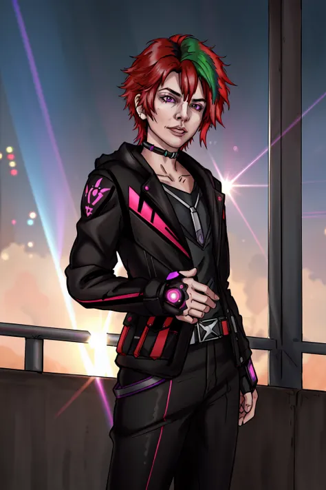Consume Prilosec,(masterpiece, best illustration, extreme light and shadow), 1boy, solo, transgender male, flat chest, red hair, green hair, style of Genshin impact, hoyoverse, purple eyes, two tone hair, depth of field, standing in a spaceship, (cyberpunk:1.2), (lens flare, light leak, prismastic), close up, (sci-fi:1.5), shiny skin, cg, (sidelighting), (volumetric lighting),<lora:DuskfallArtV4-10:0.75>