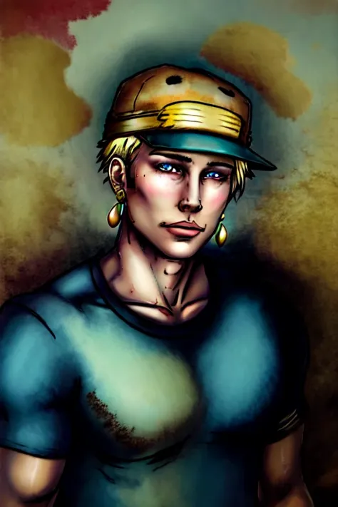 (masterpiece, best quality:1.2),1boy, male focus, solo, <lora:DuskfallArt:.7> , jewelry, hat, blonde hair, shirt, short hair, hoop earrings, baseball cap, earrings, looking at viewer, bracelet, upper body, black headwear, short sleeves, blush,bangs, blue eyes, collarbone, aqua eyes