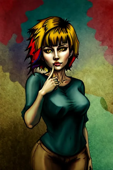 (masterpiece, best quality:1.2),1girl, solo, <lora:DuskfallArt:.7>, short hair, yellow eyes, rainbow hair, bangs, parted lips, best ratio four finger and one thumb, looking_at_viewer, cowboy_shot,