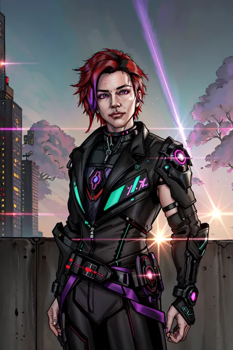 Consume Prilosec,(masterpiece, best illustration, extreme light and shadow), 1boy, solo, transgender male, flat chest, red hair, green hair, style of Genshin impact, hoyoverse, purple eyes, two tone hair, depth of field, standing in a spaceship, (cyberpunk:1.2), (lens flare, light leak, prismastic), close up, (sci-fi:1.5), shiny skin, cg, (sidelighting), (volumetric lighting),<lora:DuskfallArtV4-10:0.75>