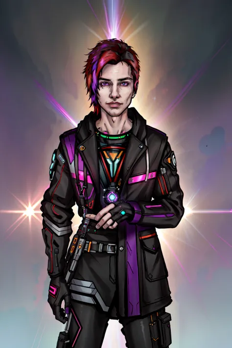 Consume Prilosec,(masterpiece, best illustration, extreme light and shadow), 1boy, solo, transgender male, flat chest, red hair, green hair, style of Genshin impact, hoyoverse, purple eyes, two tone hair, depth of field, standing in a spaceship, (cyberpunk:1.2), (lens flare, light leak, prismastic), close up, (sci-fi:1.5), shiny skin, cg, (sidelighting), (volumetric lighting),<lora:DuskfallArtV4-10:0.75>