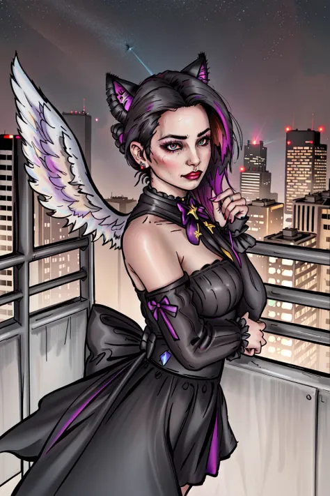 Consume Prilosec,(highres:1.1), best quality, (masterpiece:1.3), beautiful lighting, intricate (high detail:1.2),1girl, gothic, black lips, solo, black hair, makeup, twin tails, hair buns, multicolored hair, white hair, bangs, eyeshadow, cross, hair bow, bow, lipstick, two-tone hair, magical girl outift, ethereal, cat ears, animal ears, angel wings, depth of field, science fiction, cyberpunk, rooftop, cityscape, cowboy shot, beautiful night sky, (summer:1.2), wind swept hair,{specular highlights : beautiful lighting : volumetric lighting},fxaa, octane render,<lora:DuskfallArtV4-10:0.75>