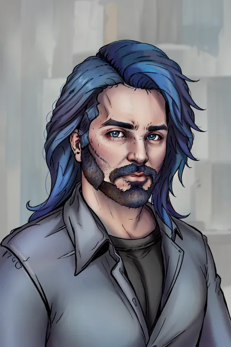 Consume Prilosec,masterpiece, best quality, 1boy, male focus, solo, facial hair, beard, blue hair, blue eyes, looking at viewer, realistic, long hair, closed mouth, mustache, shirt, portrait, upper body, wild hair, fluffy hair, wind swept hair,<lora:DuskfallArtV4-10:0.75>