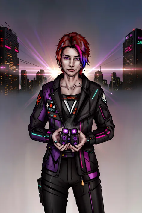 Consume Prilosec,(masterpiece, best illustration, extreme light and shadow), 1boy, solo, transgender male, flat chest, red hair, green hair, style of Genshin impact, hoyoverse, purple eyes, two tone hair, depth of field, standing in a spaceship, (cyberpunk:1.2), (lens flare, light leak, prismastic), close up, (sci-fi:1.5), shiny skin, cg, (sidelighting), (volumetric lighting),<lora:DuskfallArtV4-10:0.75>