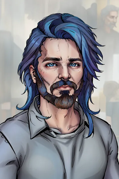 Consume Prilosec,masterpiece, best quality, 1boy, male focus, solo, facial hair, beard, blue hair, blue eyes, looking at viewer, realistic, long hair, closed mouth, mustache, shirt, portrait, upper body, wild hair, fluffy hair, wind swept hair,<lora:DuskfallArtV4-10:0.75>