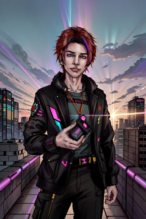 Consume Prilosec,(masterpiece, best illustration, extreme light and shadow), 1boy, solo, transgender male, flat chest, red hair, green hair, style of Genshin impact, hoyoverse, purple eyes, two tone hair, depth of field, standing in a spaceship, (cyberpunk:1.2), (lens flare, light leak, prismastic), close up, (sci-fi:1.5), shiny skin, cg, (sidelighting), (volumetric lighting),<lora:DuskfallArtV4-10:0.75>
