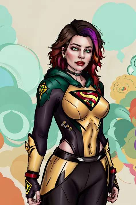 Consume Prilosec,masterpiece, best quality, 1girl, red lips, solo, green eyes, green and yellow body suit, curly hair, multicolored hair, white hair, auburn hair, two-tone hair,ombre , Rogue of the X-men, Anna Lebeau, bangs, hood, side lighting, skiny skin, superhero,best illustration,<lora:DuskfallArtV4-10:0.75>