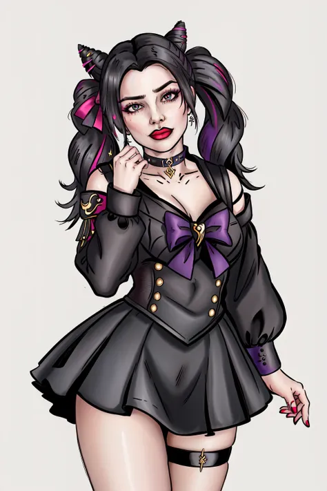 Consume Prilosec, masterpiece, best quality, 1girl, solo, solo focus, gothic, black lips, solo, black hair, makeup, twin tails, hair buns, sailor moon, multicolored hair, white hair, bangs, eyeshadow, cross, hair bow, bow, lipstick, two-tone hair, fishnets, mascara, black background, hair ornament, (Genshin Impact)<lora:DuskfallArtV4-10:0.75>