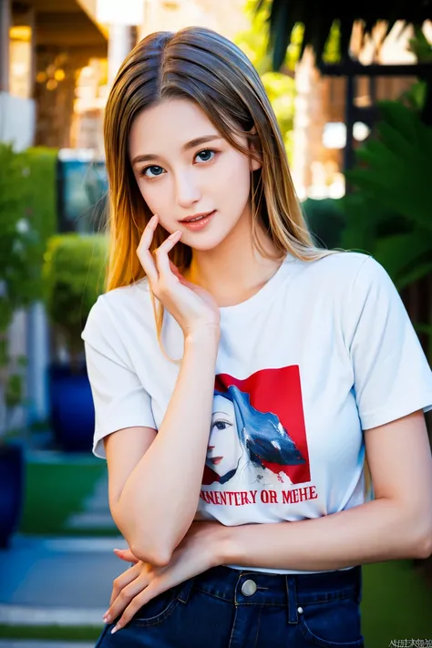 1girl, upper body, flow, T-shirt, upper body, lovely girl, jeans, Best quality, masterpiece, <lora:LisaDawn-01:1>