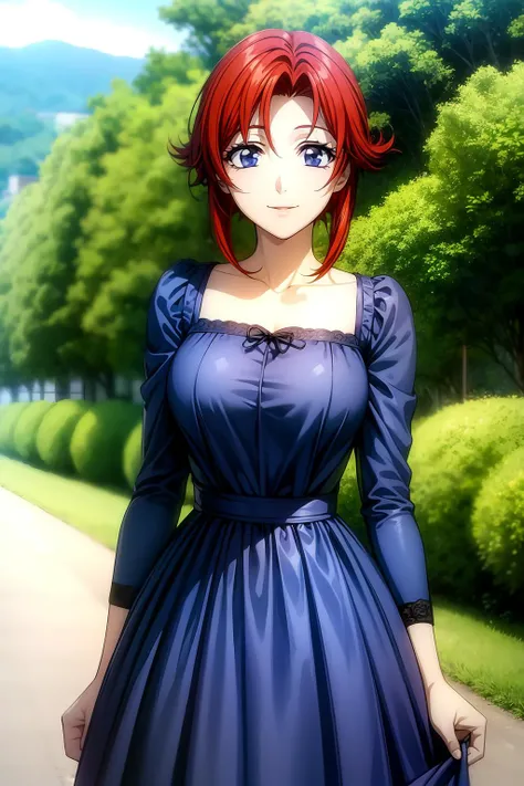 (RAW photo, best quality), masterpiece, an extremely delicate and beautiful, extremely detailed, 2k wallpaper, Amazing, finely detail, extremely detailed CG unity 8k wallpaper, ultra-detailed, highres, soft light, beautiful detailed girl, cinematic lightning, perfect anatomy, look at viewer, smile, 1girl, solo, casual dress, short hair, blue eyes, red hair, , esther_blanchett, outdoor, village, green foliage, road