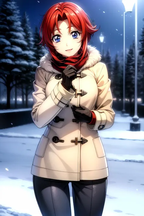 (RAW photo, best quality), masterpiece, an extremely delicate and beautiful, extremely detailed, 2k wallpaper, Amazing, finely detail, extremely detailed CG unity 8k wallpaper, ultra-detailed, highres, soft light, beautiful detailed girl, cinematic lightning, perfect anatomy, look at viewer, smile, 1girl, solo, winter dress, fur winter suit, winter jacket, scarf, gloves, pants, short hair, blue eyes, red hair, , esther_blanchett, outdoor, winter background