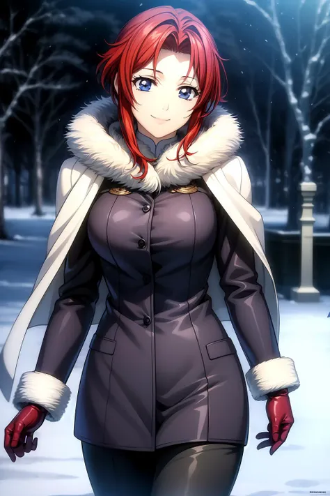 (RAW photo, best quality), masterpiece, an extremely delicate and beautiful, extremely detailed, 2k wallpaper, Amazing, finely detail, extremely detailed CG unity 8k wallpaper, ultra-detailed, highres, soft light, beautiful detailed girl, cinematic lightning, perfect anatomy, look at viewer, smile, 1girl, solo, winter dress, fur winter suit, winter jacket, scarf, gloves, pants, short hair, blue eyes, red hair, , esther_blanchett, outdoor, winter background