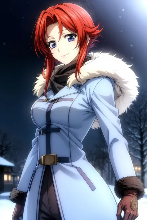 (RAW photo, best quality), masterpiece, an extremely delicate and beautiful, extremely detailed, 2k wallpaper, Amazing, finely detail, extremely detailed CG unity 8k wallpaper, ultra-detailed, highres, soft light, beautiful detailed girl, cinematic lightning, perfect anatomy, look at viewer, smile, 1girl, solo, winter dress, fur winter suit, winter jacket, scarf, gloves, pants, short hair, blue eyes, red hair, , esther_blanchett, outdoor, winter background