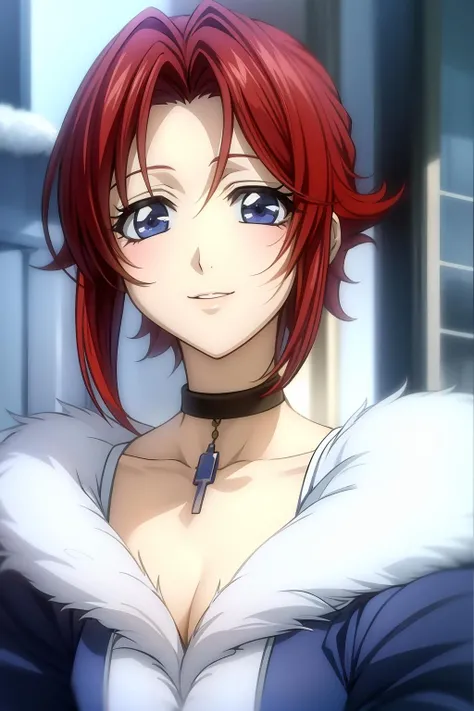 (RAW photo, best quality), masterpiece, an extremely delicate and beautiful, extremely detailed, 2k wallpaper, Amazing, finely detail, extremely detailed CG unity 8k wallpaper, ultra-detailed, highres, soft light, beautiful detailed girl, cinematic lightning, perfect anatomy, look at viewer, smile, 1girl, solo, dress, short hair, blue eyes, red hair, choker, esther_blanchett, outdoor, snowy, winter
