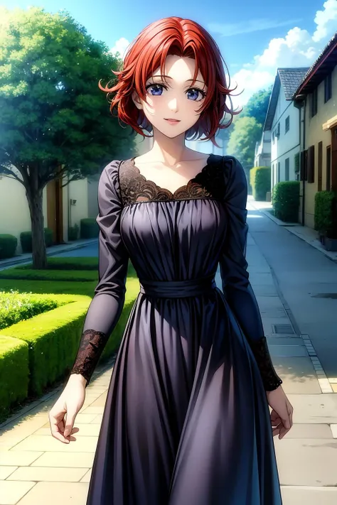 (RAW photo, best quality), masterpiece, an extremely delicate and beautiful, extremely detailed, 2k wallpaper, Amazing, finely detail, extremely detailed CG unity 8k wallpaper, ultra-detailed, highres, soft light, beautiful detailed girl, cinematic lightning, perfect anatomy, look at viewer, smile, 1girl, solo, casual dress, short hair, blue eyes, red hair, , esther_blanchett, outdoor, village, green foliage, road