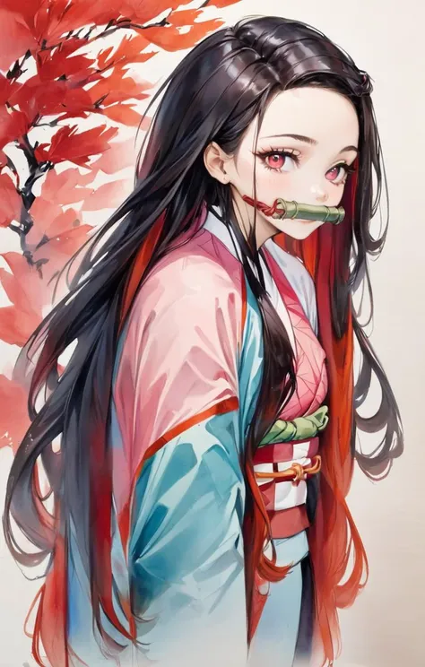 Watercolor painting of nezuko,1girl,freehand style of chinese painting,, Vibrant, beautiful, painterly, detailed, textural, artistic