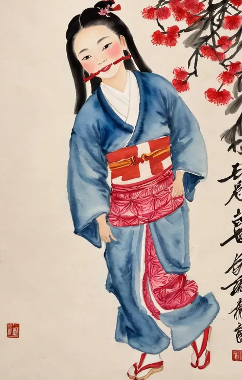 Watercolor painting of <lora:Nezuko_XL_0_-000005:1>,nezuko,1girl,<lora:baishi_xl_0_-000004:1>,baishi,, Vibrant, beautiful, painterly, detailed, textural, artistic