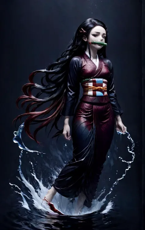 Dark Fantasy Art of <lora:Nezuko_XL_0_-000005:1>,nezuko,<lora:xl-shanbailing-æ°´å
ç´ 1011waterV20:1>,water element,water,girl made of water,full body,, dark, moody, dark fantasy style