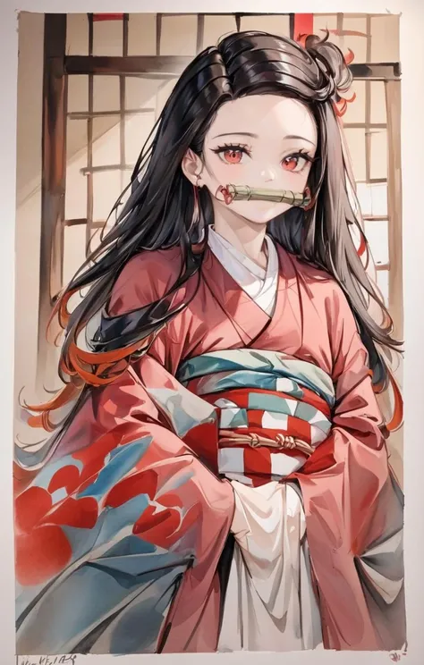 Watercolor painting of <lora:Nezuko_XL_0_-000005:1>,nezuko,1girl,freehand style of chinese painting,qi baishi style,, Vibrant, beautiful, painterly, detailed, textural, artistic