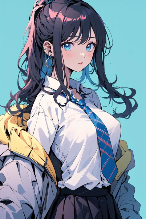 (masterpiece:1.2), best quality,PIXIV,flot,
1girl, solo, skirt, necktie, black hair, long hair, shirt, simple background, blue background, multicolored hair, pleated skirt, jewelry, school uniform, white shirt, blue hair, black skirt, earrings, looking at viewer, collared shirt, from side, , long sleeves, ear piercing, piercing, ponytail, wavy hair, blue eyes
 <lora:flot_20230812195155:0.8>
