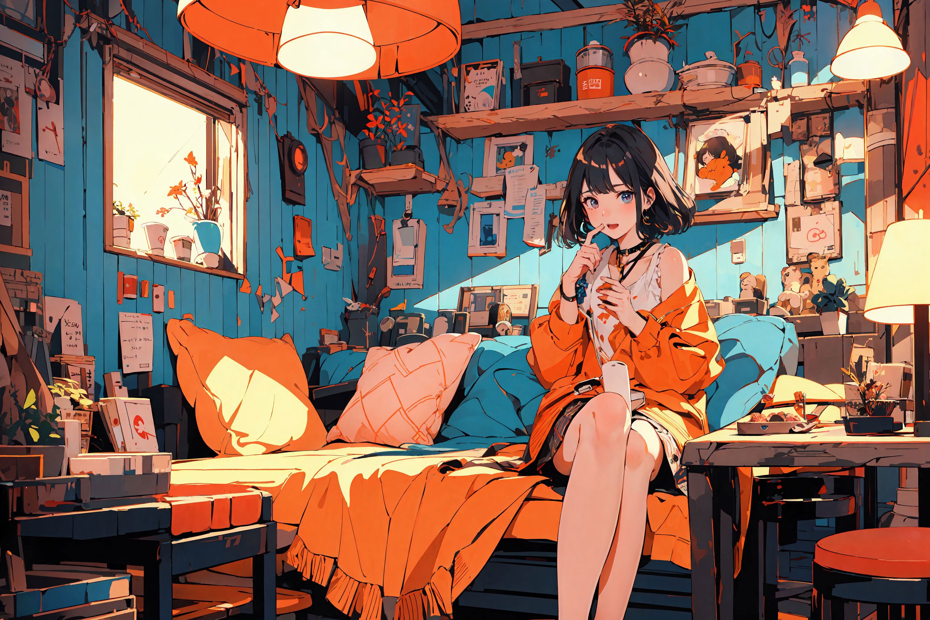 Anime girl sitting on a bed in a room with a blue wall - SeaArt AI
