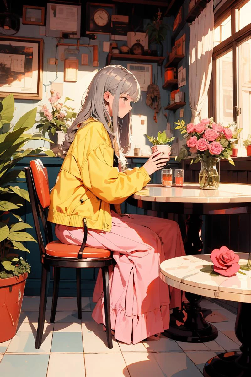 (masterpiece:1.2),best quality,PIXIV,flot,1girl,solo,sitting,long hair,flower,chair,food,pink flower,cup,holding,long sleeves,pink skirt,rose,skirt,jacket,grey hair,table,pink rose,indoors,blush,bangs,plant,holding cup,yellow jacket,profile,coat,long skirt,vase,<lora:flot_20230812195155:0.8>,